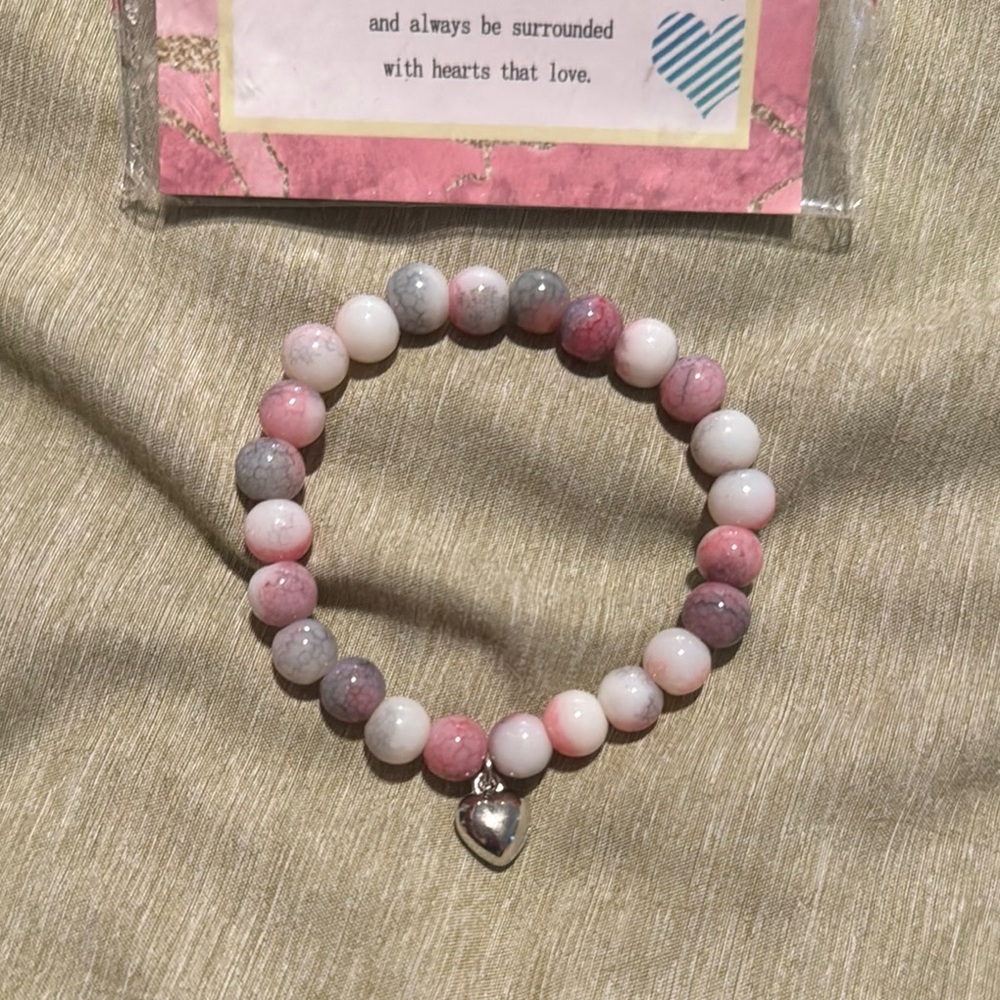 Pink and Gray Beaded Bracelet with Heart Charm